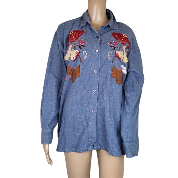 Vintage Western Denim Shirt Embroidered Cowboy Boots & Hat Women’s Button Down - Picture 1 of 4